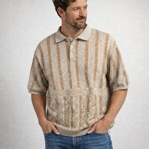 Vintage Pierre Cardin size M Beige Striped Polo Shirt short sleeve